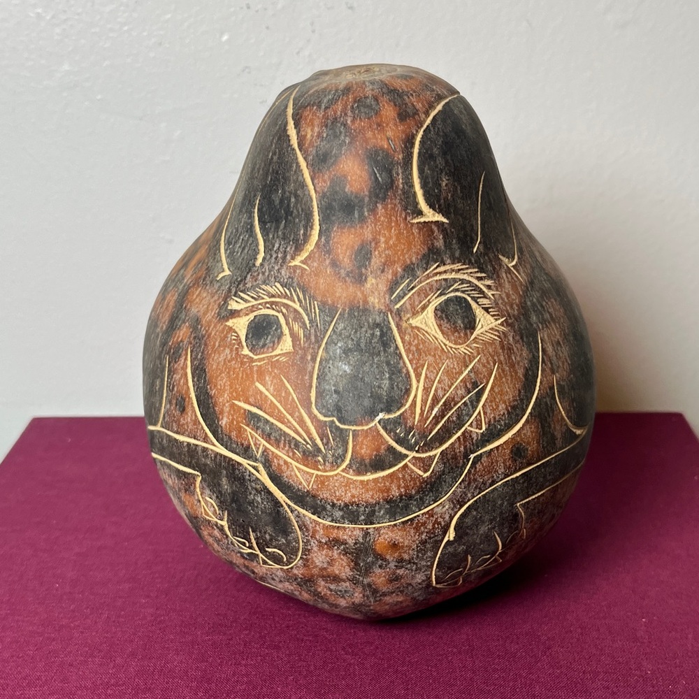 Hand Carved Folk Art Wild Cat Vintage‎ Peruvian Gourd Signed